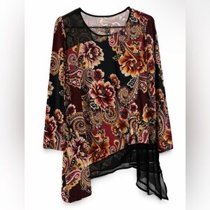 Melissa Paige Floral Asymmetrical Blouse - Black and Burgundy